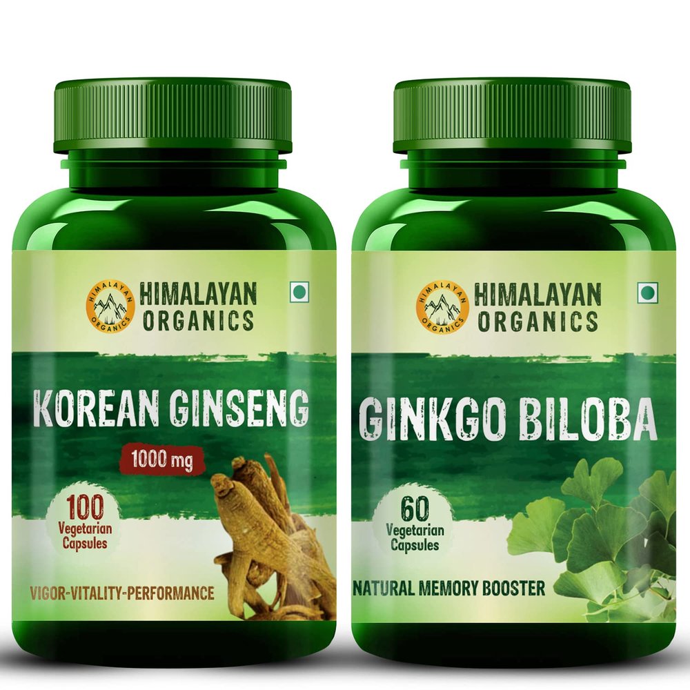 Himalayan Organics Organics Combo Pack of Korean Red Ginseng 1000mg for Men (100 Vegetarian Capsules) with Ginkgo Biloba 500mg (60 Veg Capsules)
