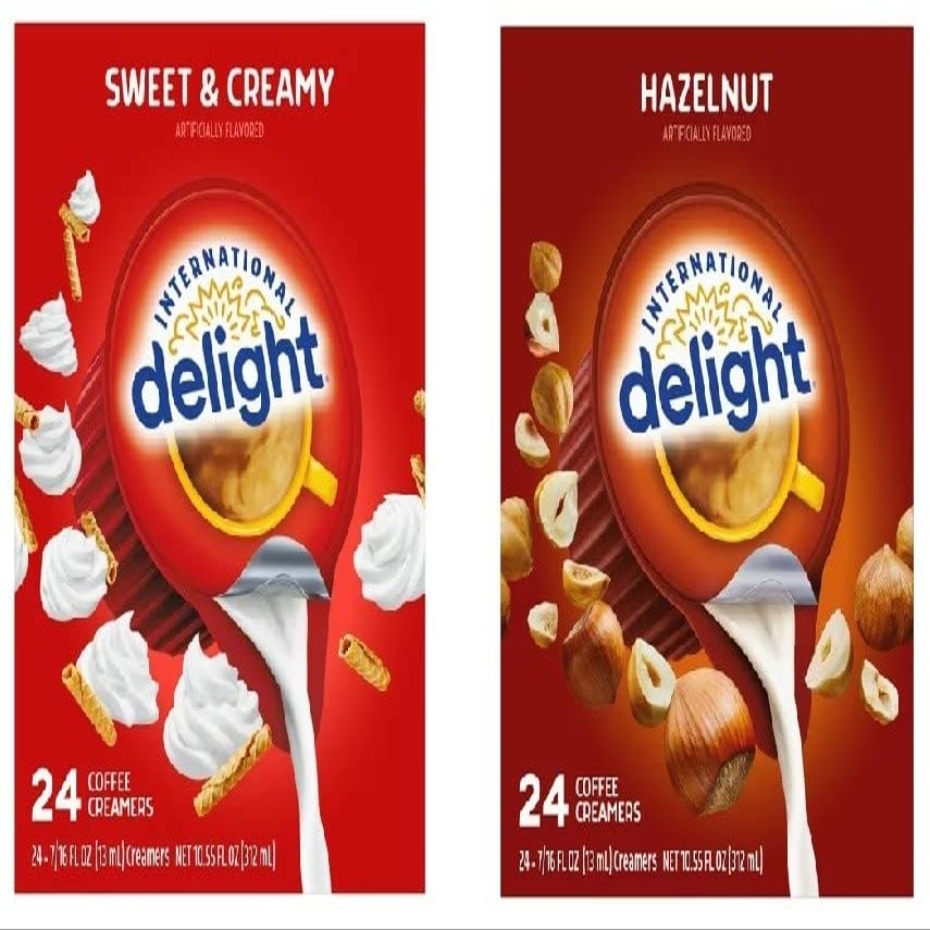 Creamer Singles Variety Bundle 2 Flavors, Sweet Creamy and Hazelnut (2 Boxes of 24 creamers in Total)