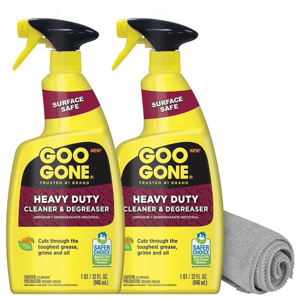 Goo Gone Heavy Duty Cleaner & Degreaser Spray With Microfiber Cleaning Towel  Cuts Through Tough Grease, Oil & Grime - 32 Oz (2 Pack + Towel)