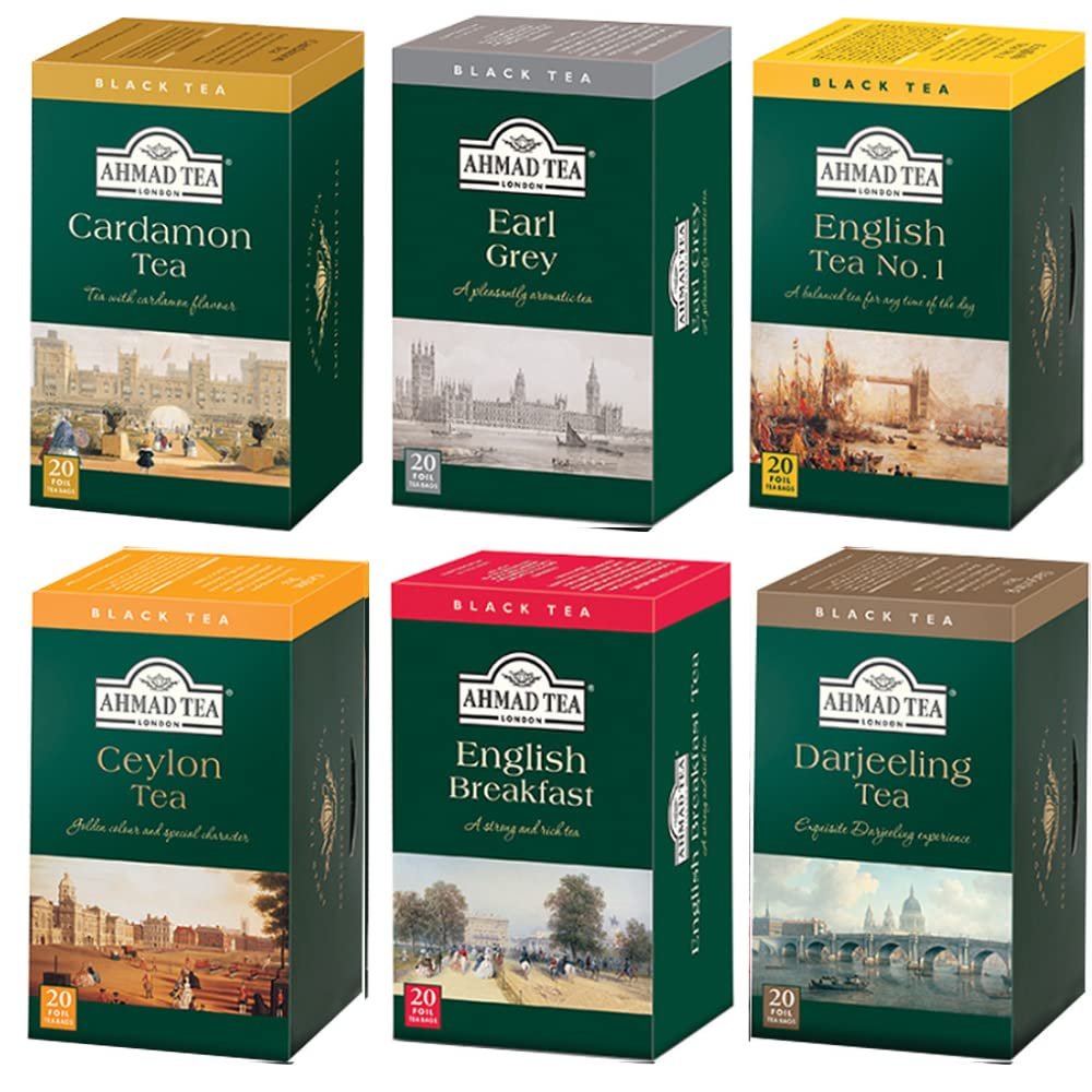 Ahmad Black Tea Classic Variety Pack with English Breakfast, English Tea No.1, Darjeeling, Ceylon, Earl Grey & Cardamom Tea, 20 Bags Each (Pack of 6)