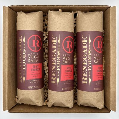 Renegade Foods Artisan Vegan Salami | 3 Pack | Spicy Vegan Chorizo | High Protein, Low Sugar, Seitan, Non-GMO | 16g of Protein Per Serving | Indulge European-Style Plant-Based Food