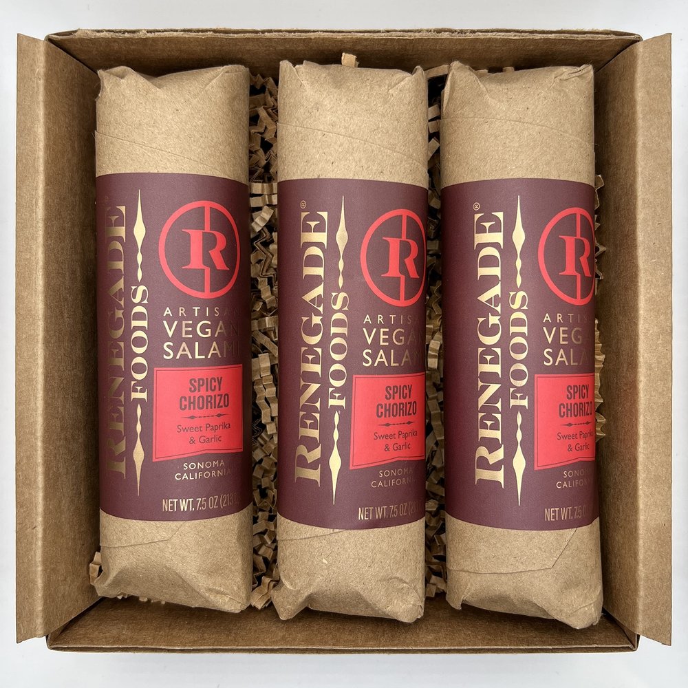 Renegade Foods Artisan Vegan Salami | 3 Pack | Spicy Vegan Chorizo | High Protein, Low Sugar, Seitan, Non-GMO | 16g of Protein Per Serving | Indulge European-Style Plant-Based Food