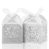 COTOPHER 100Pcs Laser Cut Favor Boxes, 2x2x2.75in Small Gift Boxes for Presents, Party Wedding Favors Boxes with Ribbon, Mini Candy Boxes for Event Bridal Shower Anniversary Birthday Christmas, White view 1