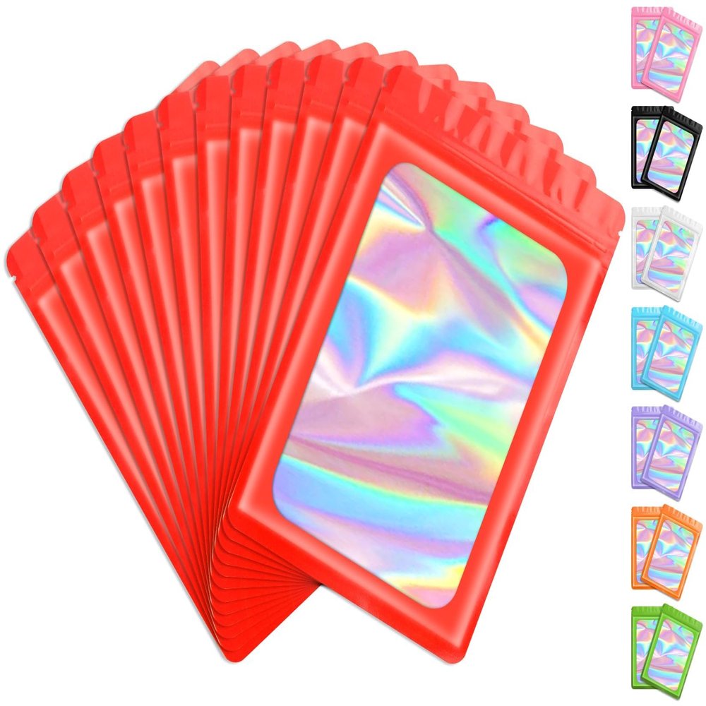Funfery 100 Pack Resealable Bags Clear Holographic Bags,Smell Proof,Red