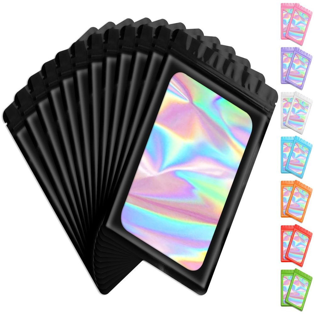 Funfery 100 Pack Resealable Holographic Bags, Smell Proof Packaging, Mylar Food Storage, Zipper Sealing Bags for Coffee Beans, Cookies, Jewelry - Black, 3x4.7in
