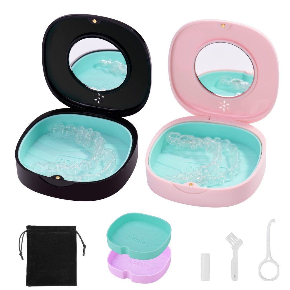2 Pack Retainer Case with Vent Holes, stocking stuffers for gift women men ,Compatible with Invisalign,Night Guards,and Mouth Guards Case - Includes Storage Bag,Slim Aligner Remover Tool Black Pink