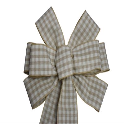 1 Pcs 10" Hand Made Wired Natural and White Gingham Check Wreath Bow Country Plaid