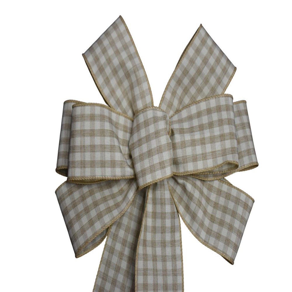 1 Pcs 10" Hand Made Wired Natural and White Gingham Check Wreath Bow Country Plaid