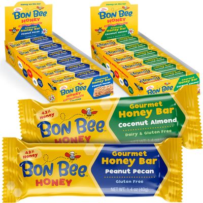BON BEE Honey Bunchies All Natural Honey Bar - Natural Breakfast & Nutrition Bars for Healthy Energy & Fuel - Variety of Delicious Highlights, 12 Coconut Almond & 12 Peanut Pecan - 1.4oz Bars