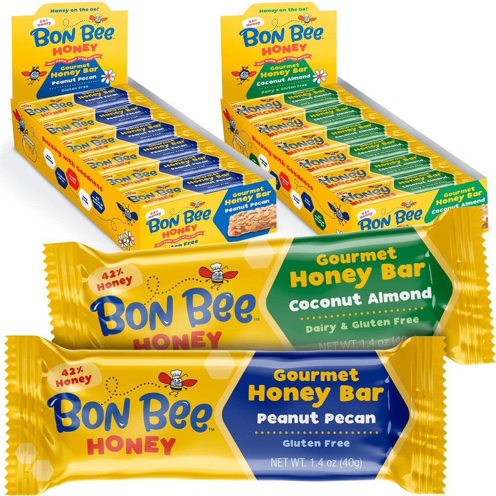 BON BEE Honey Bunchies All Natural Honey Bar - Natural Breakfast & Nutrition Bars for Healthy Energy & Fuel - Variety of Delicious Highlights, 12 Coconut Almond & 12 Peanut Pecan - 1.4oz Bars