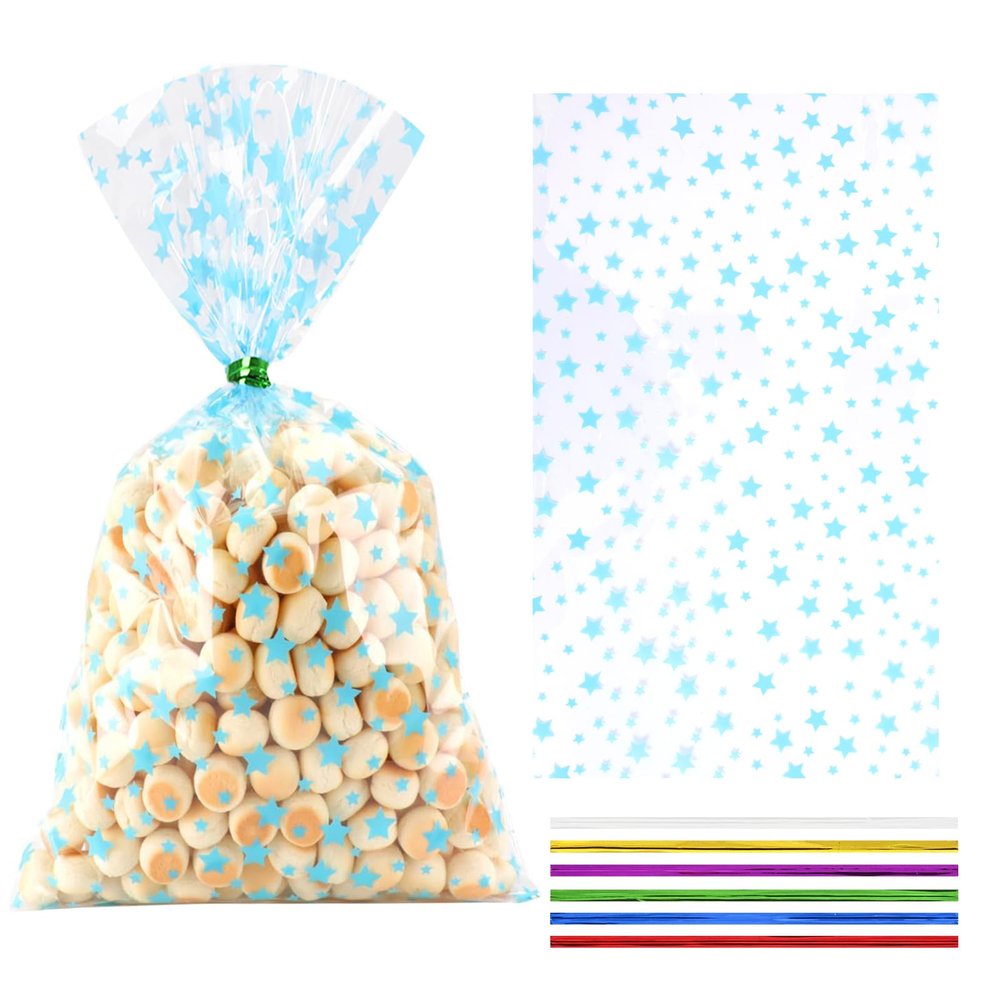 COQOFA 100 Pcs 7"X12" Blue Star Printed Clear Gift Cellophane Treat Bag Party Favor bags Clear Candy Cookie Bag Plastic Poly Goodie Storage Bags with Twist Ties for Baby Shower,Gender Reveal, Birthday, Wedding ,Party Decorations