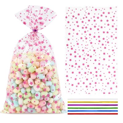 COQOFA 100 Pcs Pink Star 7"X12" Gift Wrap Cello Cellophane Treat Bags Party Favor Bags Clear Candy Cookie Plastic Poly Goodie Storage Bags with Twist Ties for Baby Shower, Gender Reveal, Birthday