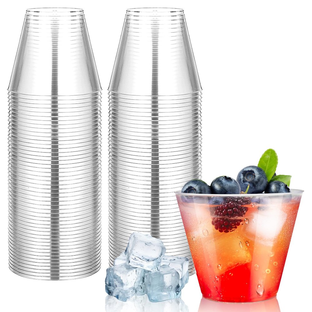 Byvivace 100Counts 9 OZ. Disposable Cups Old fashioned Party Tumblers, 9 Ounce Squat Cups Clear Hard Plastic Cups for Party Wedding