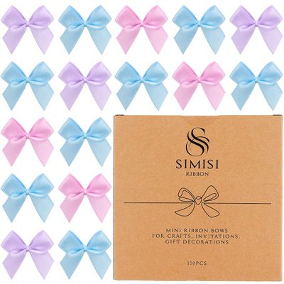 150 Pieces Mini Ribbon Bows for Crafts Purple Blue Pink Tiny Satin Bow for Gift Wrapping, Invitations, Christmas Tree
