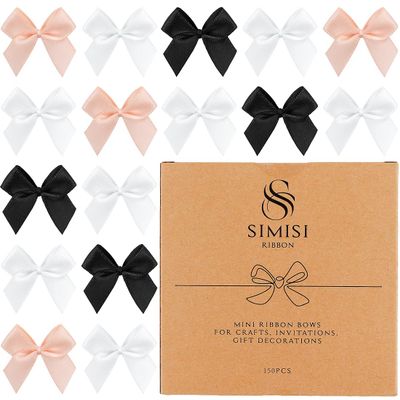 150 Pieces Mini Ribbon Bows for Crafts Black White Champagne Tiny Satin Bow for Gift Wrapping, Invitations, Christmas Tree