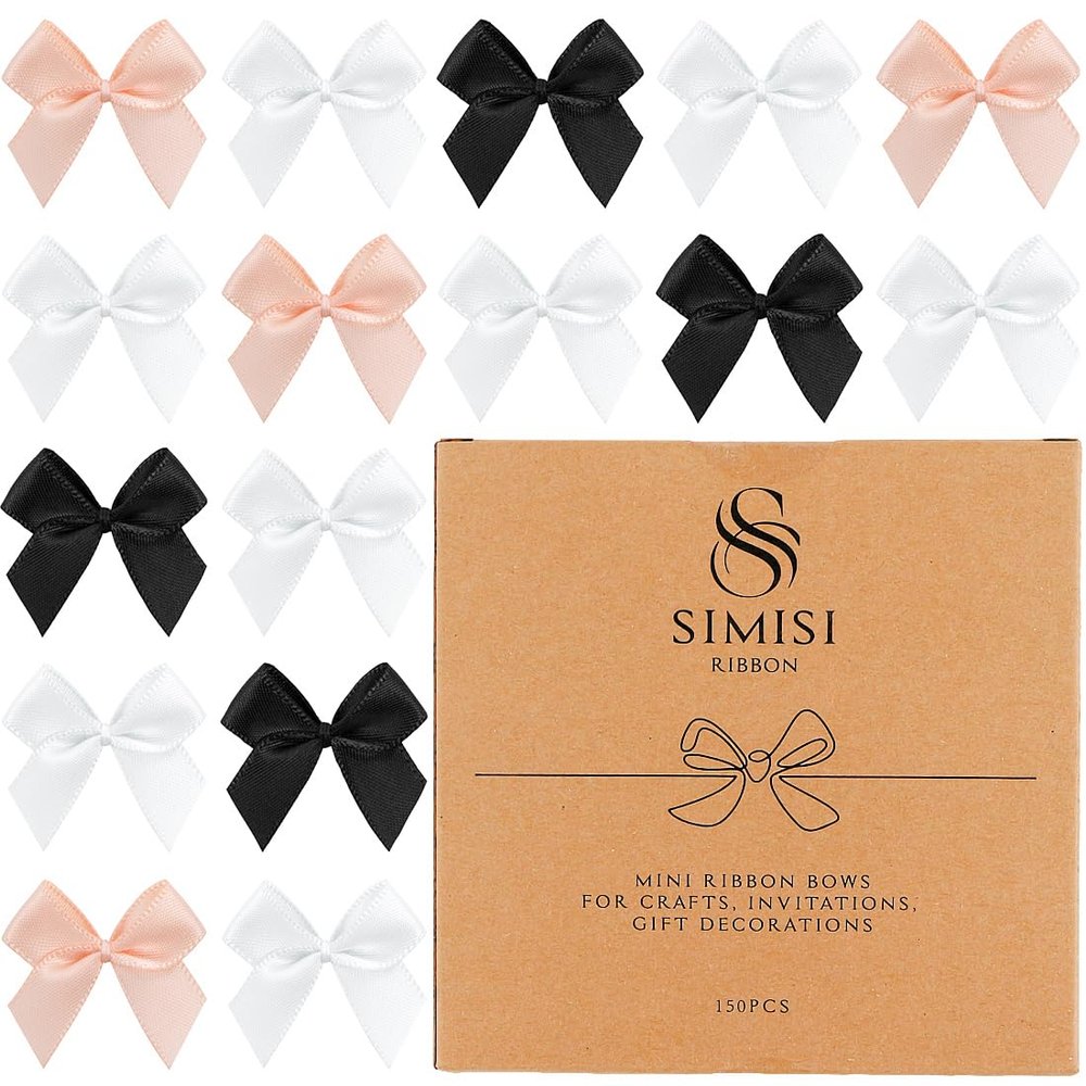 150 Pieces Mini Ribbon Bows for Crafts Black White Champagne Tiny Satin Bow for Gift Wrapping, Invitations, Christmas Tree