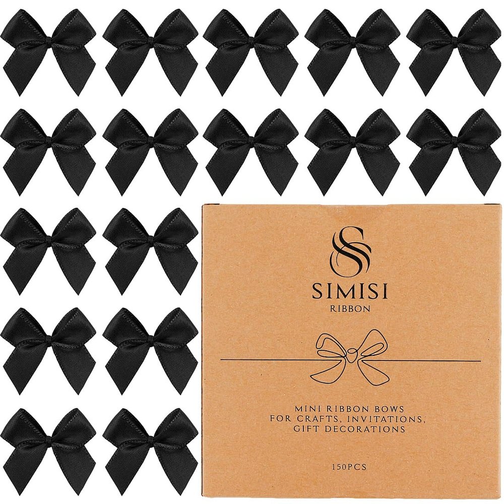 150 Pieces Black Mini Ribbon Bows for Crafts Tiny Satin Bow for Gift Wrapping, Invitations, Christmas Tree