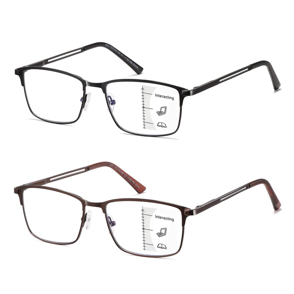 LKEYE Progressive Multifocus Reading Glasses Men No Line Multifocal Transition Blue Light Computer Readers Metal Full Wide Frame Spring Hinge Multi Focus Designer Magnifying Eyeglasses Brown +1.00