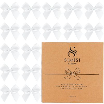 150 Pieces White Mini Ribbon Bows for Crafts Tiny Satin Bow for Gift Wrapping, Invitations, Christmas Tree