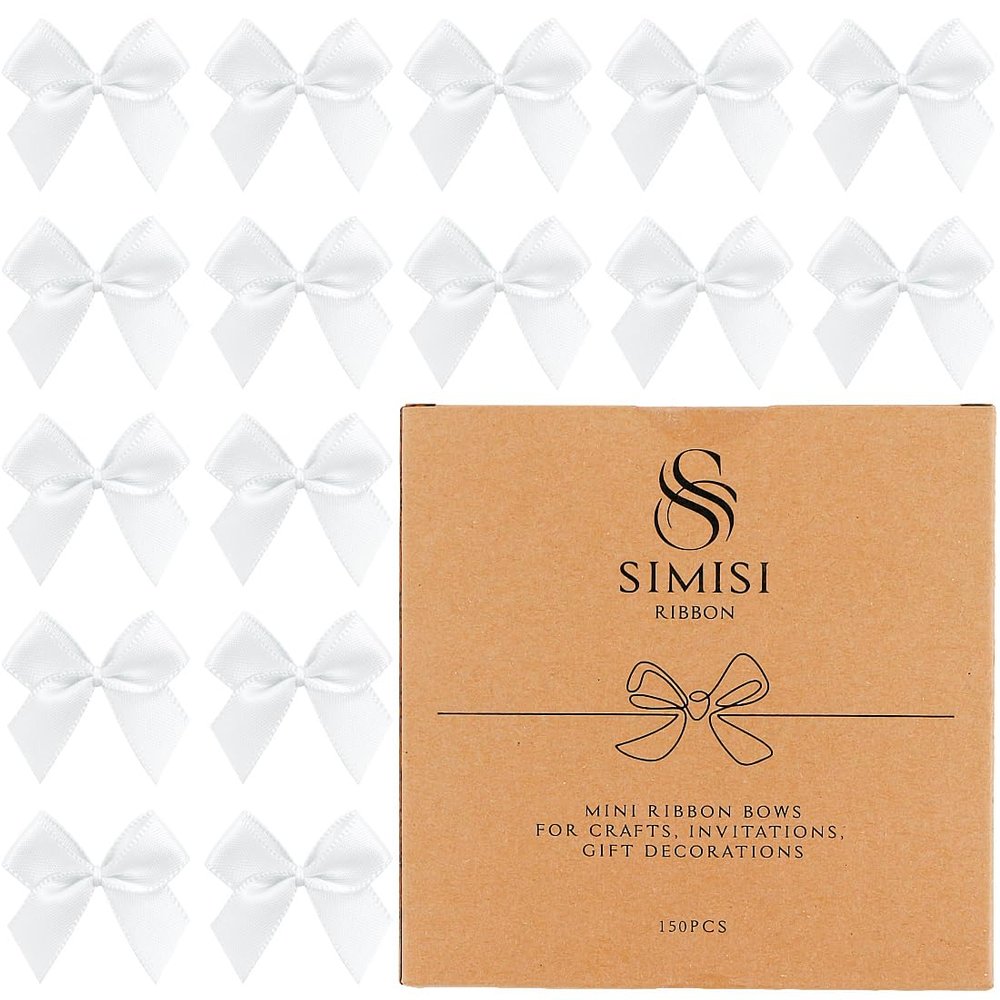 150 Pieces White Mini Ribbon Bows for Crafts Tiny Satin Bow for Gift Wrapping, Invitations, Christmas Tree