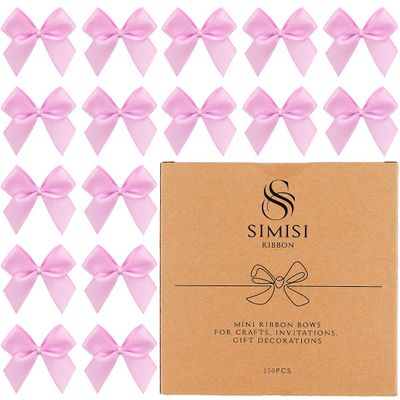 150 Pieces Pink Mini Ribbon Bows for Crafts Tiny Satin Bow for Gift Wrapping, Invitations, Christmas Tree