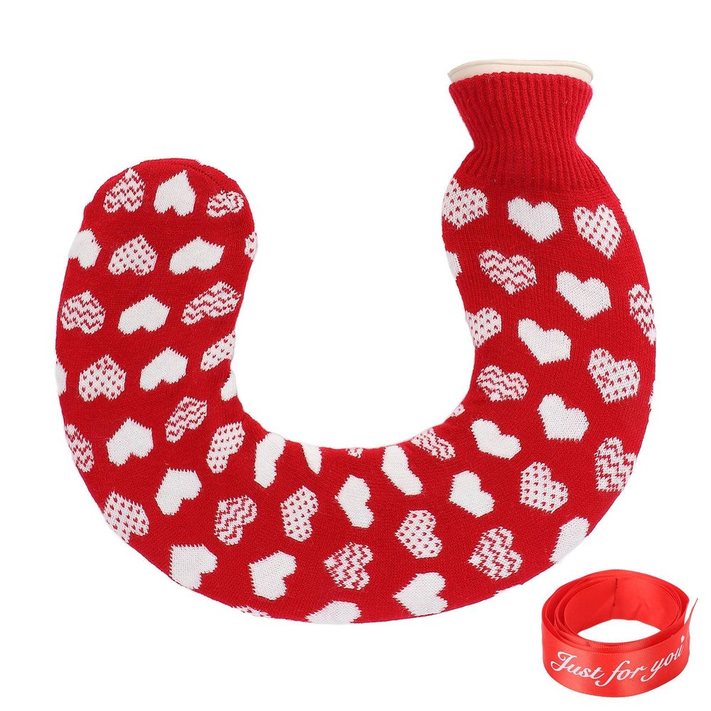 1L hot Water Bottle,hot Water Bottle, hot Water Bottle with Cover, hot Water Bottle Large, U-Shaped hot Water Bag. Portable Neck and Shoulder Warmer with a Soft Knit Cover for Winter(White Heart)