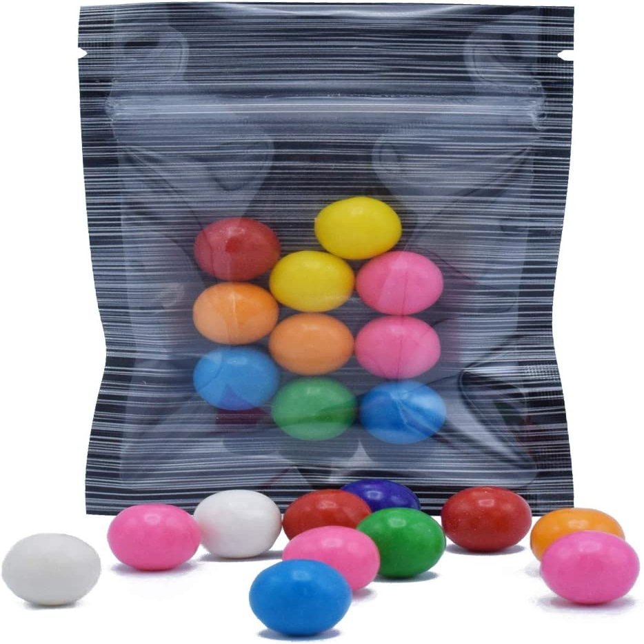 100PCS Food Safe Single Sided Striped Flat Packaging Bags Food Storage with Tear Notch (Clear & Black,2.8 x 3.9 inch)