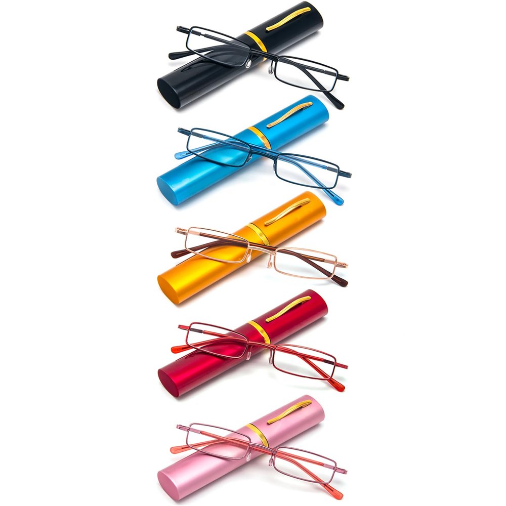 REAVEE 5 Pack Slim Portable Reading Glasses for Men Women, Computer Blue Light Blocking Small Readers Metal Frame Spring Hinge with Pocket Compact Pen Case, Black Red Pink Blue Gold 2.0