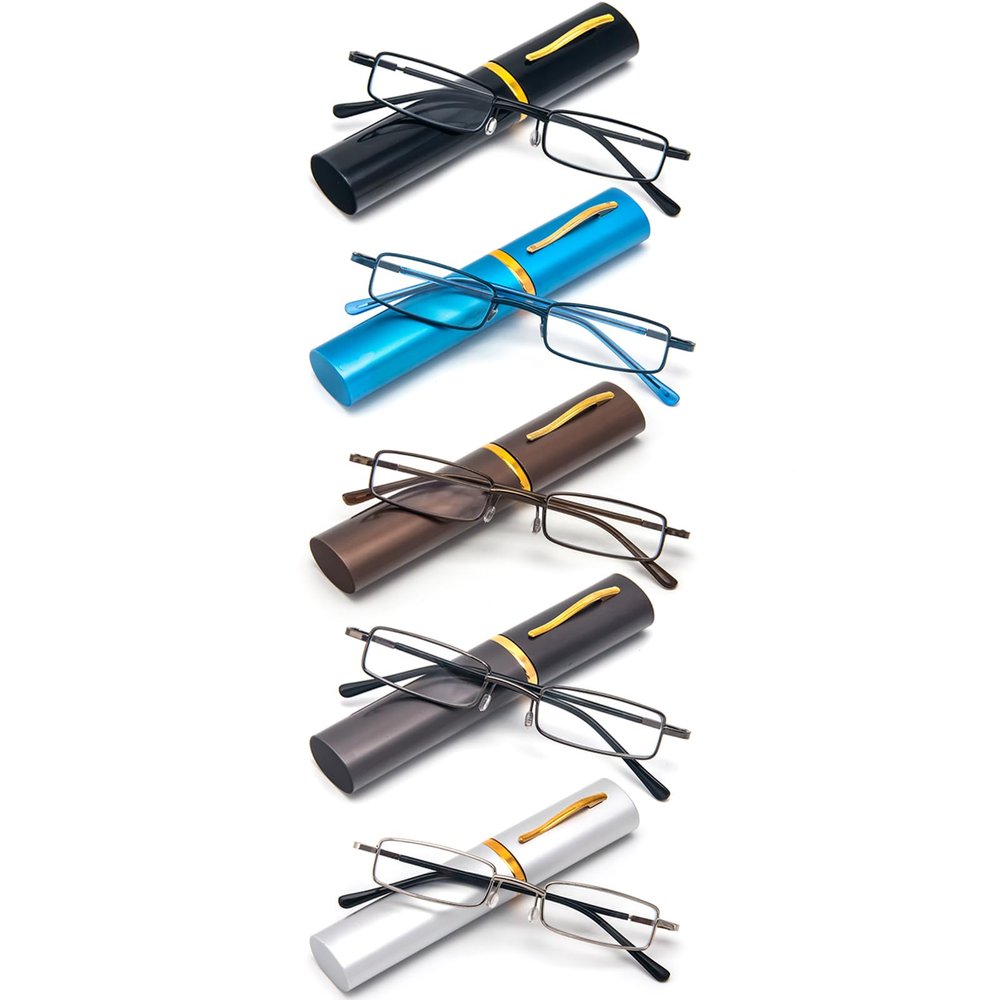 REAVEE 5 Pack Slim Portable Reading Glasses for Men Women, Computer Blue Light Blocking Small Readers Metal Frame Spring Hinge with Pocket Compact Pen Case, Black Grey Brown Blue Silver 1.75