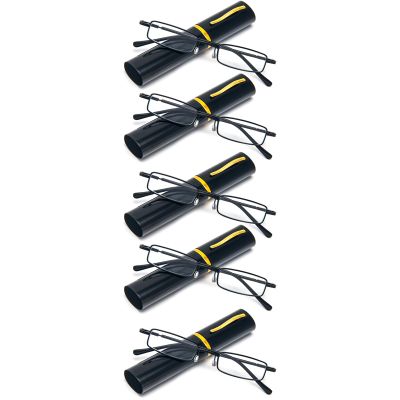 REAVEE 5 Pack Slim Portable Reading Glasses for Men Women, Computer Blue Light Blocking Small Readers Metal Frame Spring Hinge with Pocket Compact Pen Case, Black 2.25