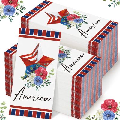 200 Pcs 4th of July Napkins Patriotic Guest Napkins Disposable Paper 2 Ply America Cocktail Hand Towel for Election Veterans Day Independence Day USA Party(Floral Star)