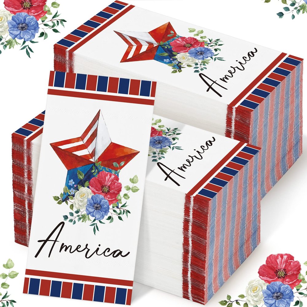 200 Pcs 4th of July Napkins Patriotic Guest Napkins Disposable Paper 2 Ply America Cocktail Hand Towel for Election Veterans Day Independence Day USA Party(Floral Star)
