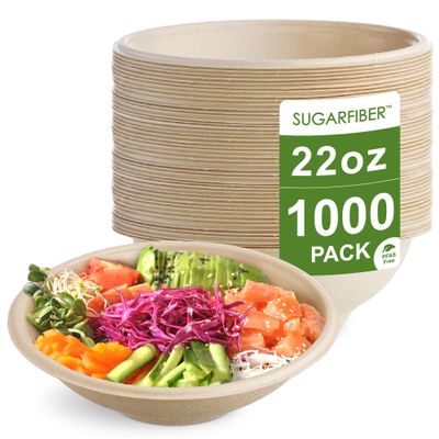 [1000 Count]Sugarfiber by Harvest 22oz Round Compostable Bowls PFAS Free with PLA coating, Heavy-Duty Eco-Friendly Disposable Bagasse Bowl, Sugarcane made plant fibers for Meal Prep