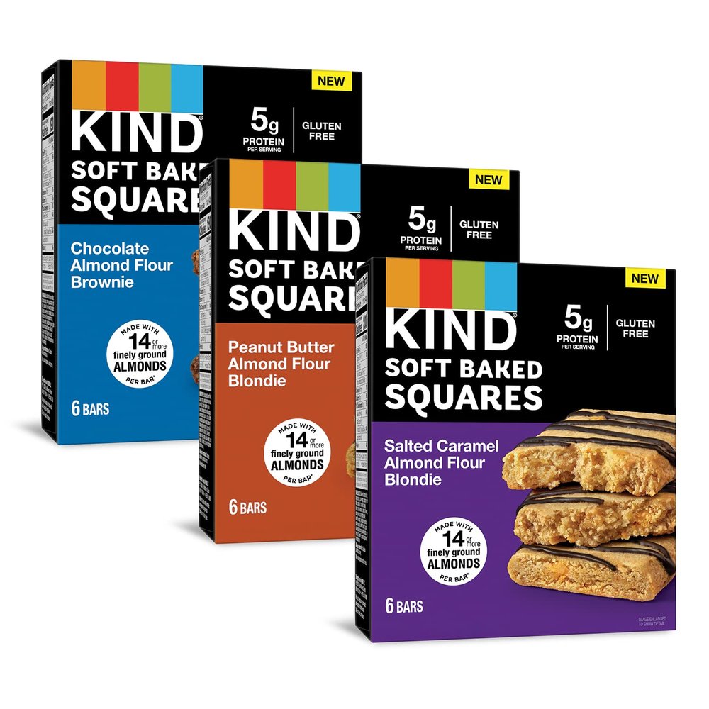 KIND Soft Baked Squares, Variety Pack, Chocolate, Peanut Butter and Salted Caramel, Almond Flour Brownies, Healthy Snack Bars, Gluten Free, 5g Protein, 18 Count