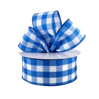 Buffalo Plaid Blue and White Wired Ribbon, Gift Wrap, Make Crafts, Size 2.5' x 50 Feet