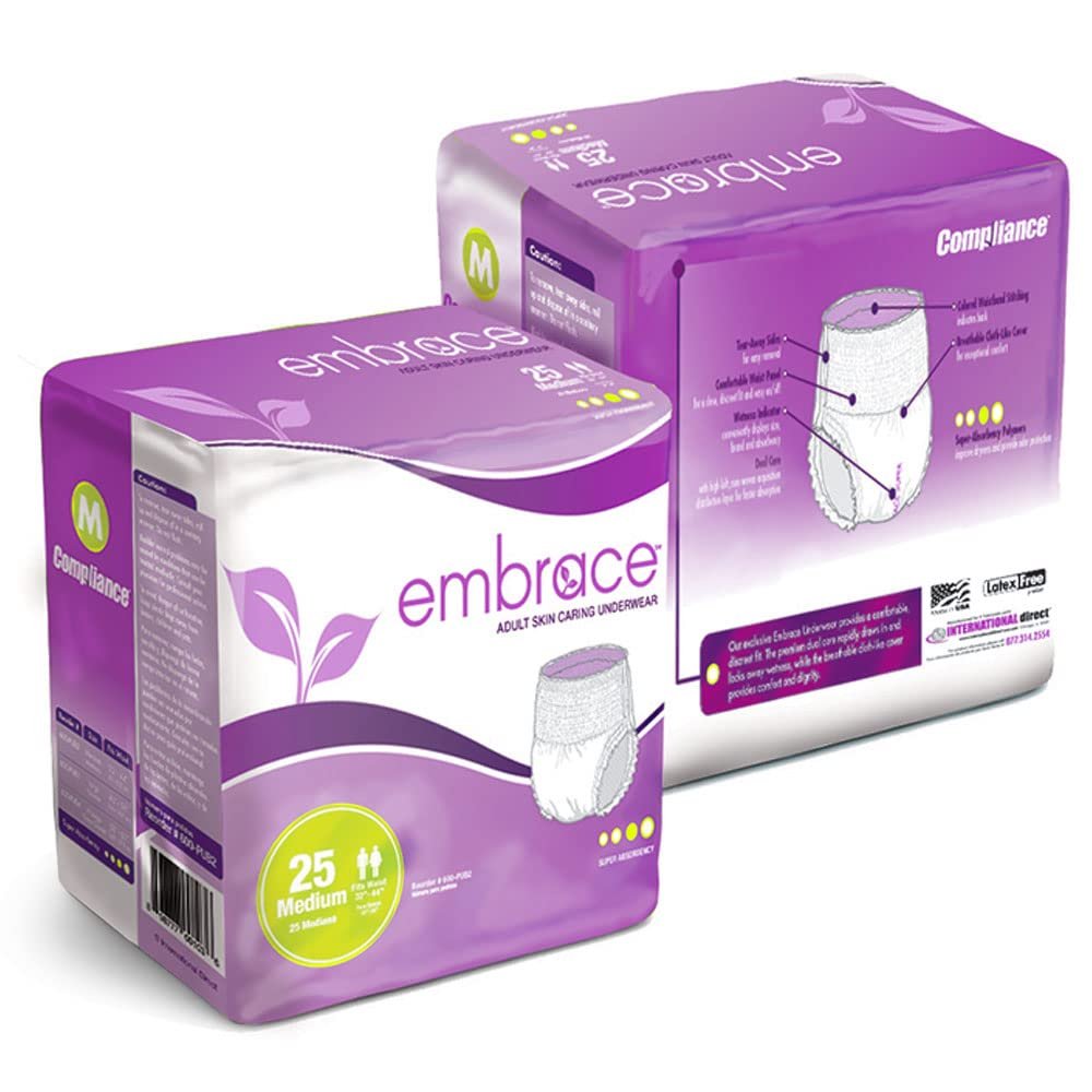 Embrace Premium Protection Incontinence Underwear, Maximum Absorbency and Protection, Breathable Cloth for Exceptional Comfort, Odor Protection, Discreet Fit, Medium, Pack of 25
