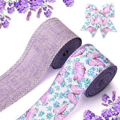 2 Rolls Christmas Flowers Ribbons for Wreath Bow, 2.5"10 Yard Wired Edge Ribbon Purple Lavender Butterfly Burlap Ribbons for Gift Wrapping DIY Crafting Decorations Supplies
