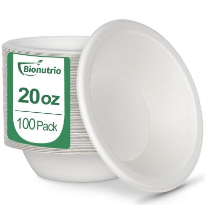 Paper Bowls 20 oz Heavy Duty, 100 Pack Disposable Soup Bowl, Eco-Friendly Bowls Made Of White Sugarcane Perfect For Salad, Ice Cream, Desserts, Biodegradable Compostable Bowls