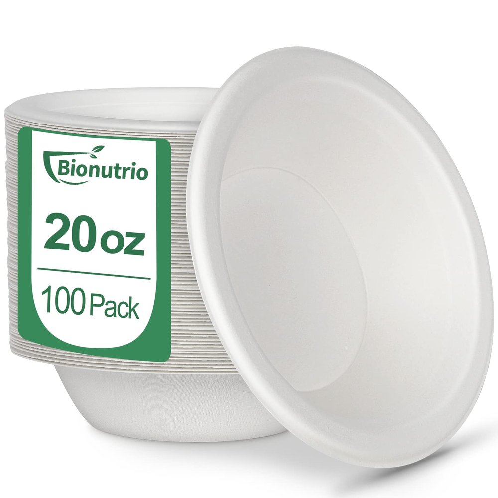 Paper Bowls 20 oz Heavy Duty, 100 Pack Disposable Soup Bowl, Eco-Friendly Bowls Made Of White Sugarcane Perfect For Salad, Ice Cream, Desserts, Biodegradable Compostable Bowls