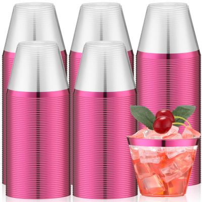 Lounsweer 100 Pcs 9oz Rimmed Plastic Cups Valentine's Clear Cocktail Cups Heavy Duty Wine Glasses for Valentine's Day Birthday Bridal Shower Baby Shower Wedding Holiday Celebrations(Hot Pink)
