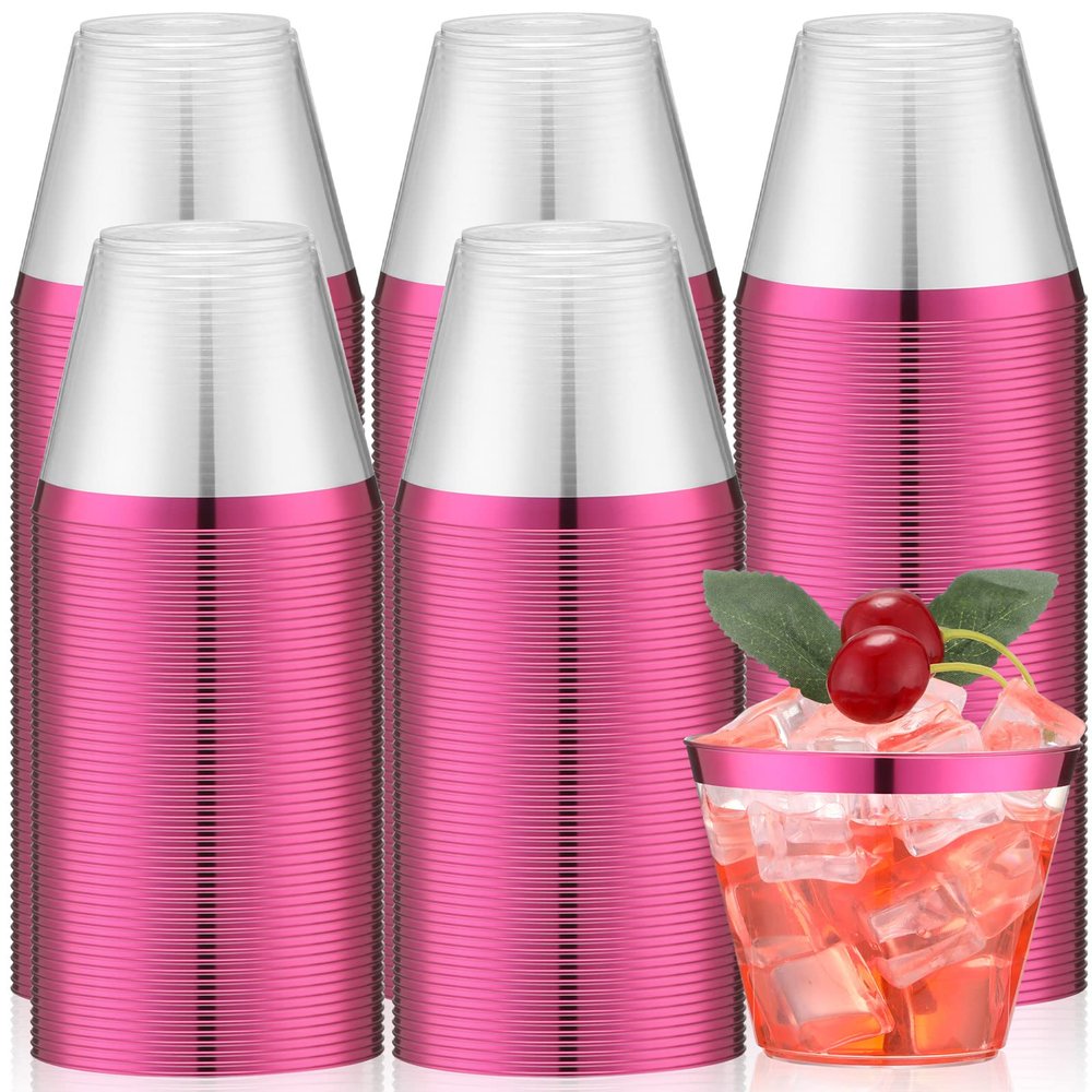 Lounsweer 100 Pcs 9oz Rimmed Plastic Cups Valentine's Clear Cocktail Cups Heavy Duty Wine Glasses for Valentine's Day Birthday Bridal Shower Baby Shower Wedding Holiday Celebrations(Hot Pink)