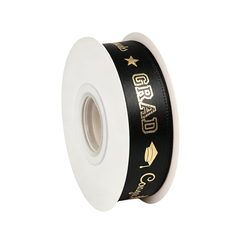 Meseey 10 Yards Graduation Ribbon Congrats Grad Black and Gold Grosgrain Ribbon Use for Gift Wrapping,Graduation Party Decoration (Black-Grad)