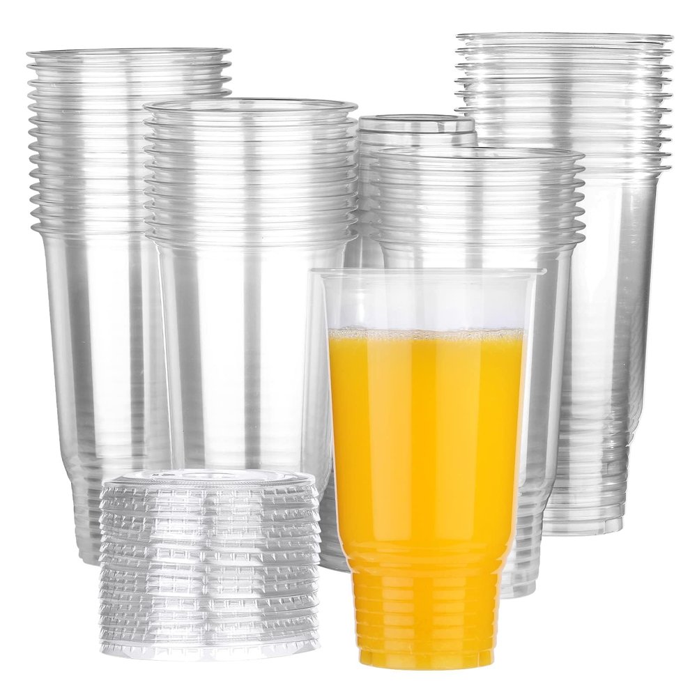 Giwrmu 32oz 50 Count Clear Plastic Cups with Lids, Disposable Iced Coffee Cups with Lids, Clear PET Plastic Drinking Cup for Iced Coffee, Milkshakes and Smoothies