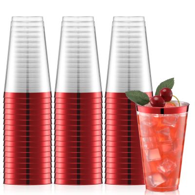 Norme 50 Pcs 16 oz Valentine's Day Red Plastic Cups Rimmed Disposable Cups Heavy Duty Plastic Glasses Clear Drinking Cup Wine Glasses for Parties Old Fashioned Tumblers for Coffee Wedding Wine