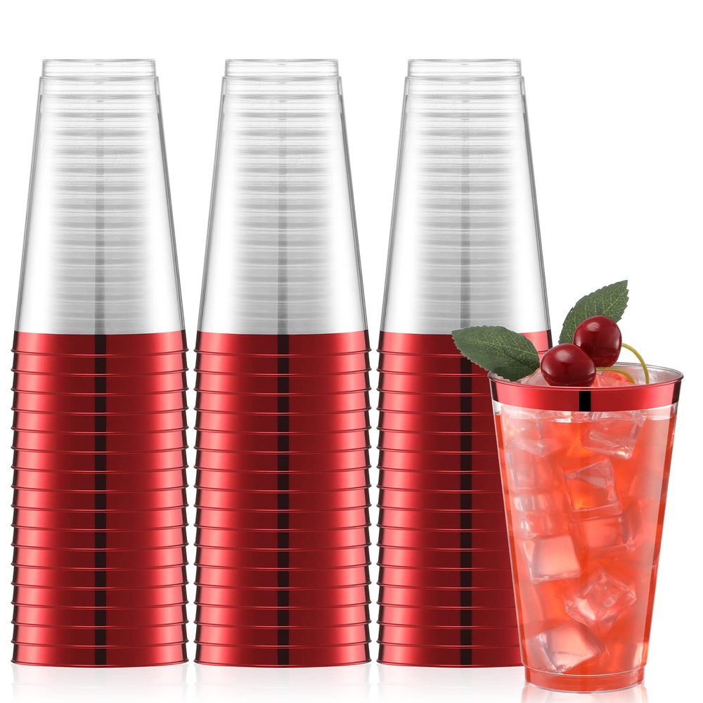 Norme 50 Pcs 16 oz Valentine's Day Red Plastic Cups Rimmed Disposable Cups Heavy Duty Plastic Glasses Clear Drinking Cup Wine Glasses for Parties Old Fashioned Tumblers for Coffee Wedding Wine