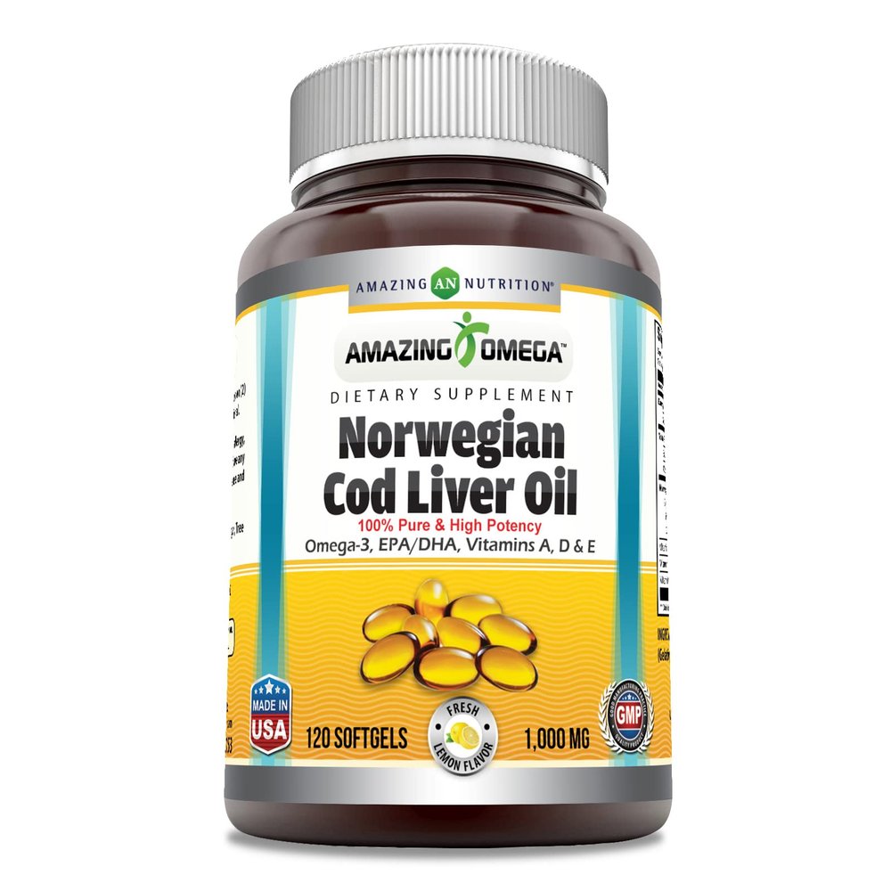 Amazing Omega Norwegian Cod Liver Oil 1000 Mg Softgels Supplement | Omega-3, EPA, DHA, Vitamin A, D & Vitamin E (Lemon | 120 Count)