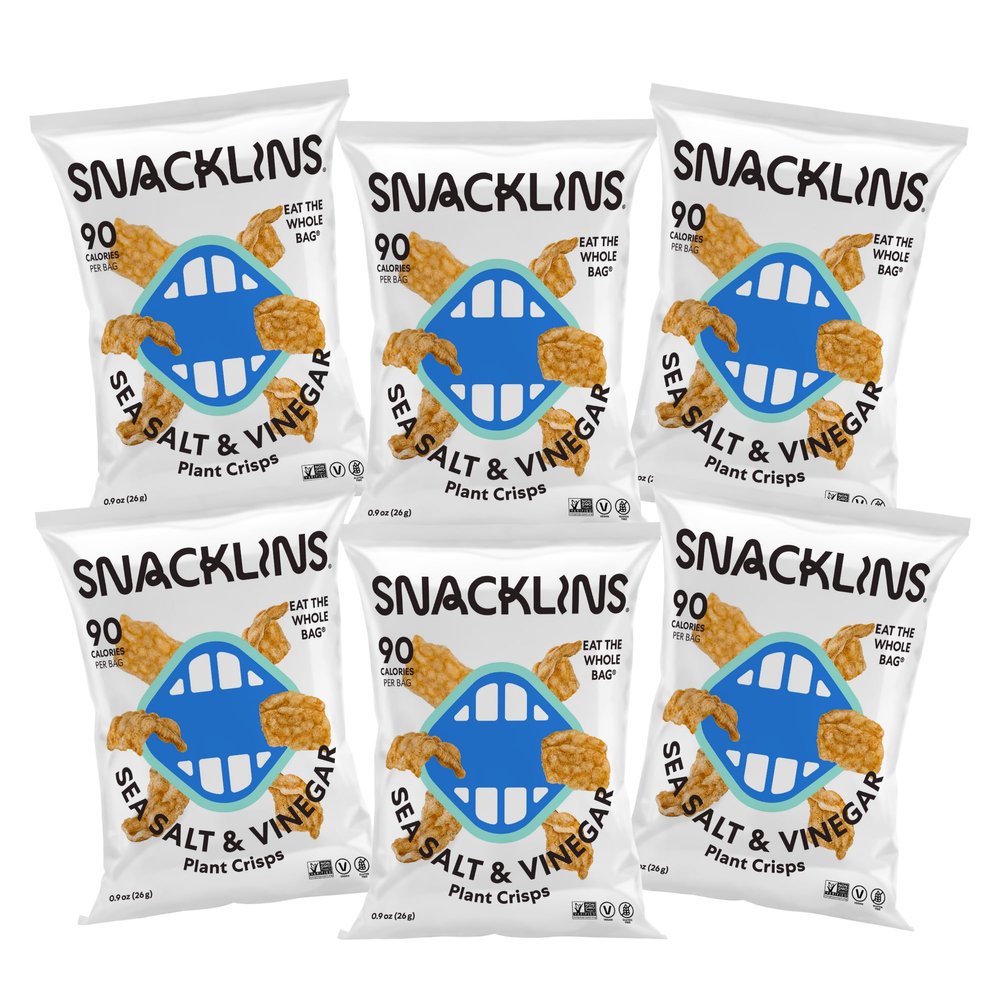 SNACKLINS Plant Based Crisps SEA SALT & VINEGAR - Gluten Free, Grain Free, 100% Kosher, Vegan Healthy Snacks, Crunchy Puffed Snack, Only 100 Calories Per Bag - .9oz Bag (Case of 6)