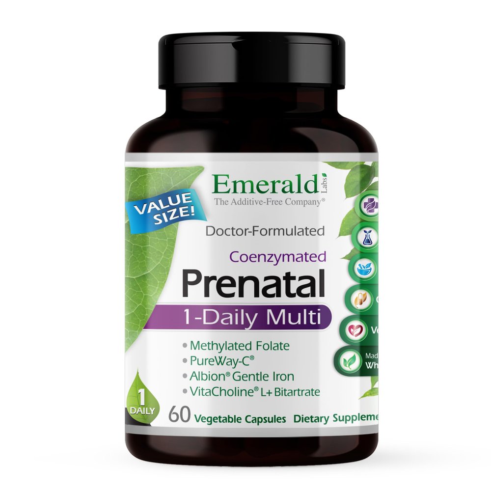 EMERALD LABS Prenatal 1-Daily Multi - Prenatal Multivitamin with Methylated Folate, Iron, Whole-Food Blend & More - Soy-Free, Gluten-Free - 60 Vegetable Capsules