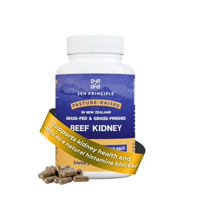 Zen Principle Grass Fed Beef Kidney Supplement, 210 Capsules, 3000 mg. DAO Enzyme for Histamine Health. Selenium and B12 for Thyroid Support.
