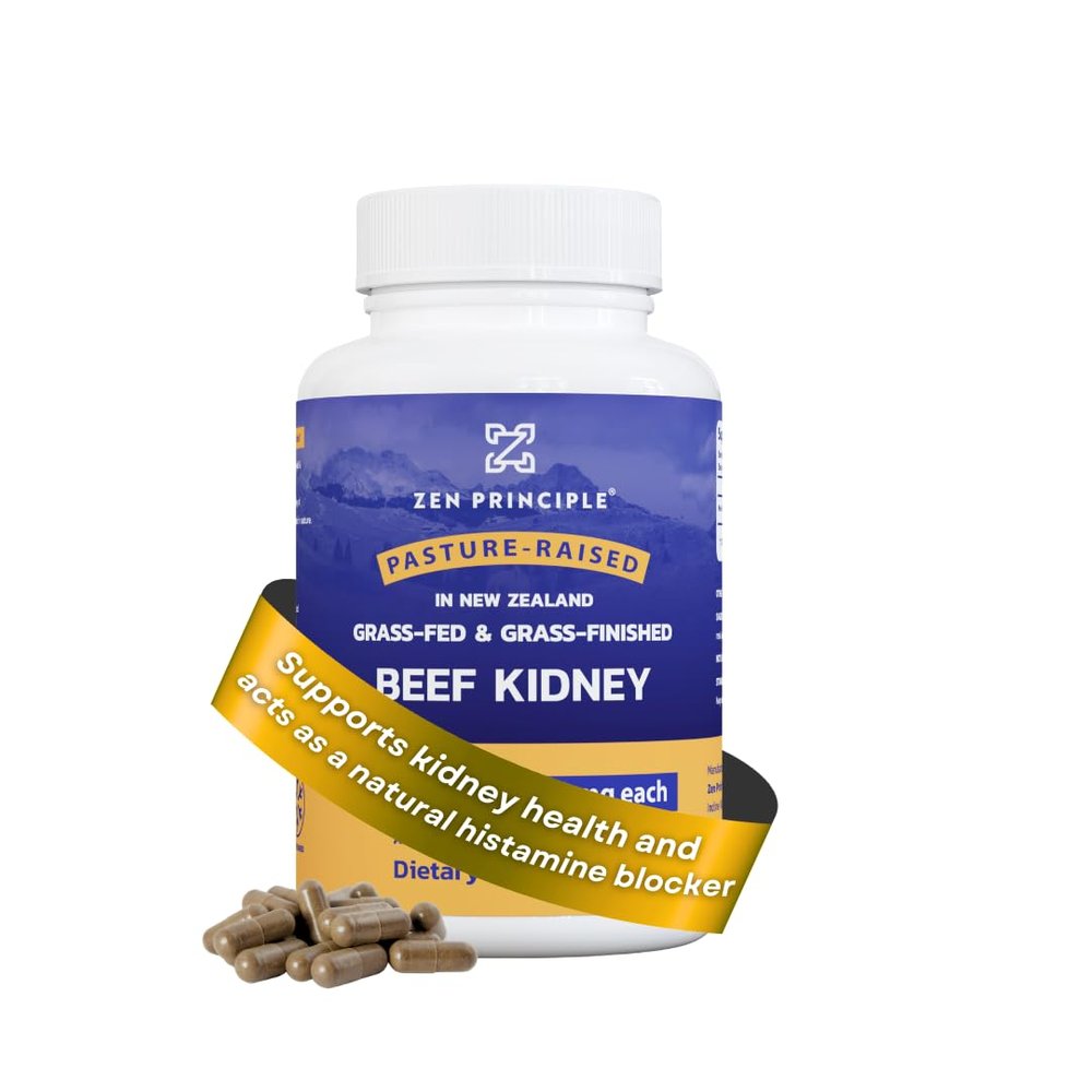 Zen Principle Grass Fed Beef Kidney Supplement, 210 Capsules, 3000 mg. DAO Enzyme for Histamine Health. Selenium and B12 for Thyroid Support.